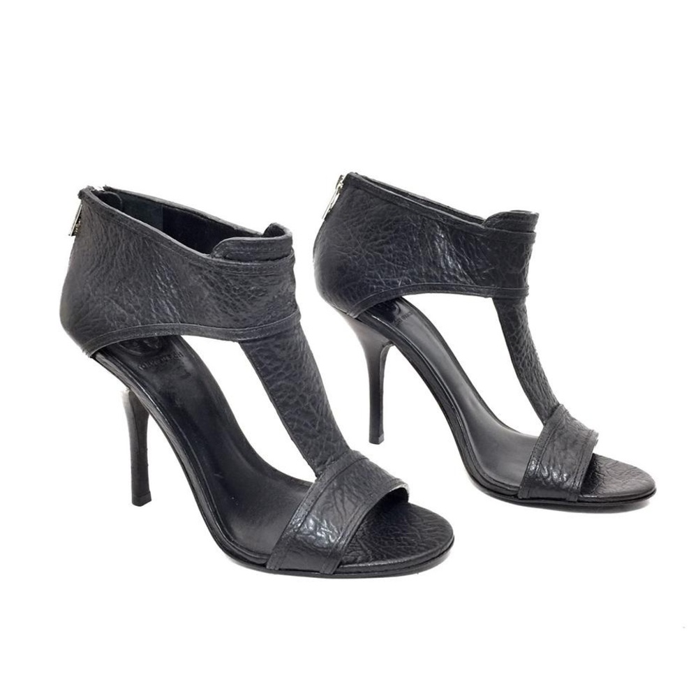Tory Burch Torben Tumbled Rhino Genuine Leather Sole T-Strap Black Heels 7.5